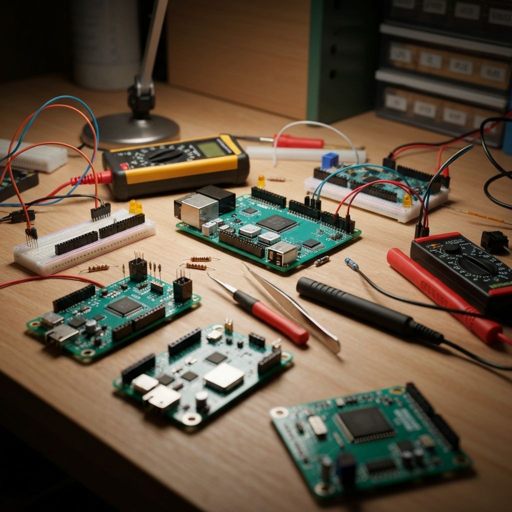 Electronics maker workbench with Arduino boards, Raspberry Pi, and components